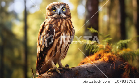 Winking owl's eye, Brown boobook owl close-up portrait photograph. Roosting on a tree branch 107931791
