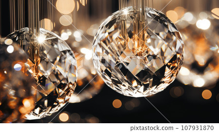 Shiny glass decoration of a luxury vintage chandelier. Close-up photo with soft selective focus 107931870