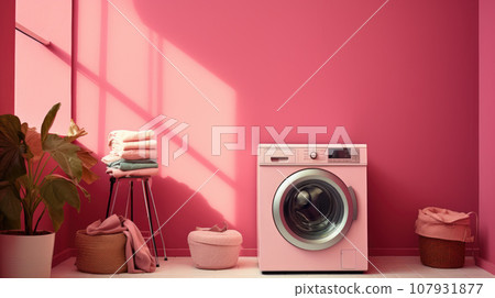 Concept of housework with washing machine on pink background Concept of housework with washing machine on pink background 107931877
