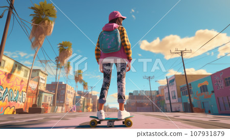 Skater girl riding on skateboard, standing on her longboard on an empty street towards the sun 107931879