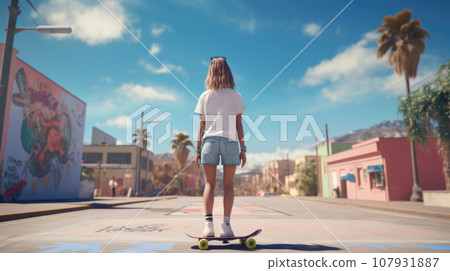 Skater girl riding on skateboard, standing on her longboard on an empty street towards the sun 107931887