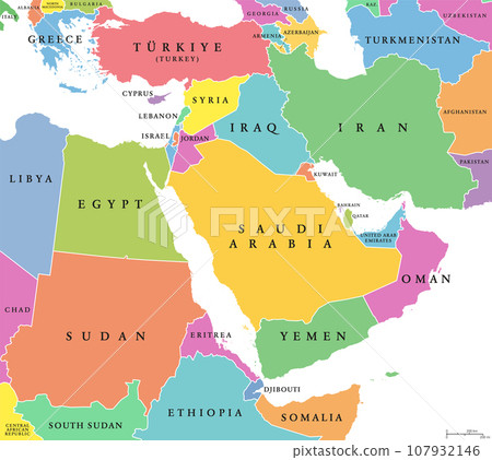 Middle East, colored countries, political map with international borders. Geopolitical region encompassing the Arabian Peninsula, the Levant, Turkey, Egypt, Iran and Iraq. Formerly known as Near East. 107932146