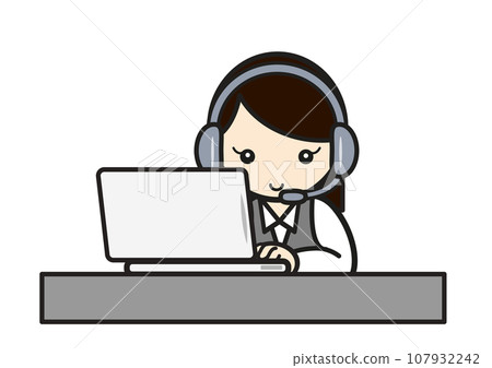 A call center woman working at a computer 107932242