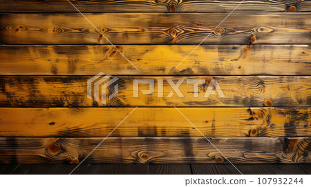Vintage Yellow Faded Natural Rustic Wooden Background. Grunge Old Solid Wood Shabby Peeling Paint Isolated Wall Texture. 107932244