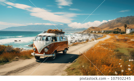 Vintage camper van parking at the beach with suitcases on top during on vacation near a sea 107932245