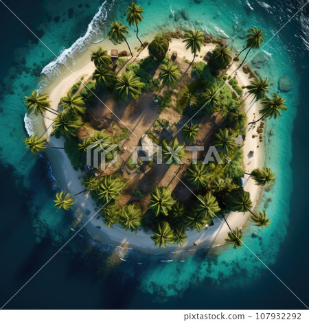 Aerial drone top view photo of small exotic atoll island with deep turquoise and emerald open ocean sea 107932292