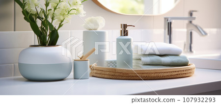 Soap dispenser and spa towel on pastel bathroom window interior 107932293