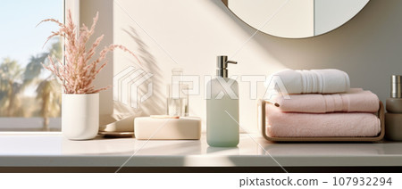 Soap dispenser and spa towel on pastel bathroom window interior 107932294