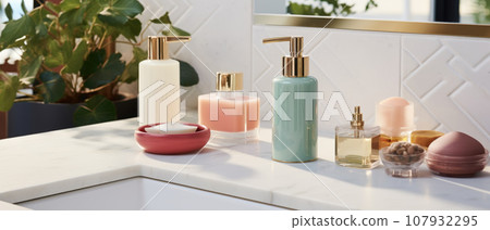 Soap dispenser and spa towel on pastel bathroom window interior 107932295