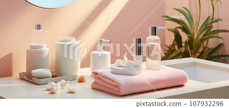 Soap dispenser and spa towel on pastel bathroom window interior 107932296