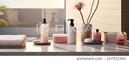 Soap dispenser and spa towel on pastel bathroom window interior 107932402