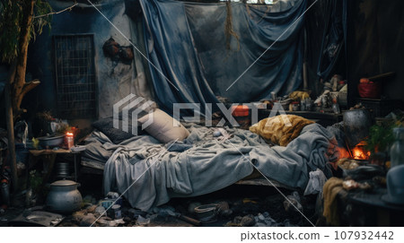 Abandoned vagrant bedroom in old house ruins Abandoned vagrant bedroom in old house ruins 107932442