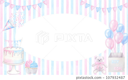Pink blue banner gender reveal party invitation, baby shower. Boy or girl, he or she. Balloons box, cake, cupcake, confetti. Hand drawn watercolor illustration isolated background. Oval frame Pink blue banner gender reveal party invitation, baby shower. Boy or girl, he or she. Balloons box, cake, cupcake, confetti. Hand drawn watercolor illustration isolated background. Oval frame 107932487
