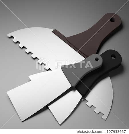 NOT AI 3D rendering of professional set of spatulas with black plastic handle and protective strip. Tool for interior decorator. Realistic illustration on white background 107932637