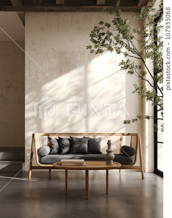 Boho beige livingroom with lounge couch, tree and windows background. Light modern japanese nature view. 3d rendering. High quality 3d illustration 107933068