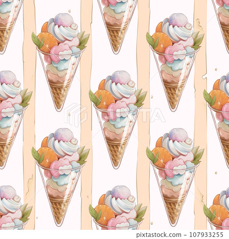 Ice cream seamless pattern. Striped grunge background. Print for cloth design, textile, fabric, wallpaper, wrapping paper. Ice cream seamless pattern. Striped grunge background. Print for cloth design, textile, fabric, wallpaper, wrapping paper. 107933255
