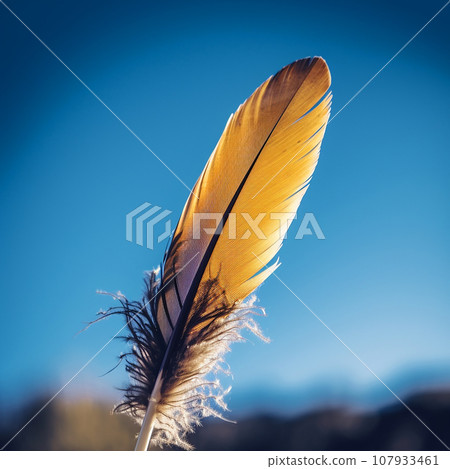 Yellow feather of a bird hangs in the air against a background of blue sky close up, unusual composition, natural background 107933461