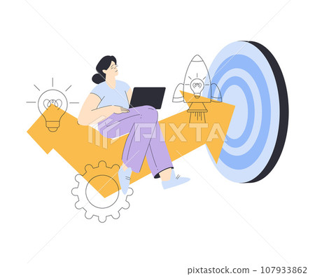Business with Young Woman Character Sit on Arrow with Laptop Achieve Aim Vector Illustration Business with Young Woman Character Sit on Arrow with Laptop Achieve Aim Vector Illustration 107933862