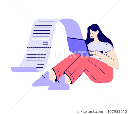 Bill Pay with Woman Character at Laptop Use Online Application Vector Illustration 107933920