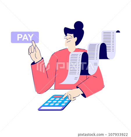Bill Pay with Woman Character with Calculator and Receipt Press Button in Online Application Vector Illustration 107933922