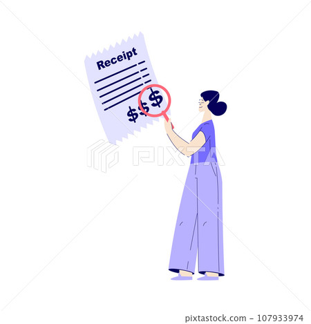 Bill Pay with Woman Character Hold Paper Receipt and Magnifying Glass Vector Illustration Bill Pay with Woman Character Hold Paper Receipt and Magnifying Glass Vector Illustration 107933974