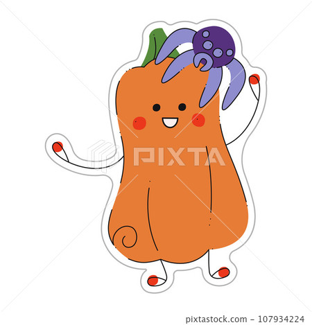 Sticker of Halloween pumpkin with a spider. Color flat vector illustration. Sticker of Halloween pumpkin with a spider. Color flat vector illustration. 107934224