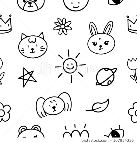 doodle animal cartoon hand drawn with black line seamless pattern background for illustration, wrapping, wallpaper doodle animal cartoon hand drawn with black line seamless pattern background for illustration, wrapping, wallpaper 107934336