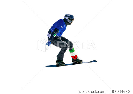 male italian snowboarders jumping drops in snowboarding competition isolated on white background 107934680