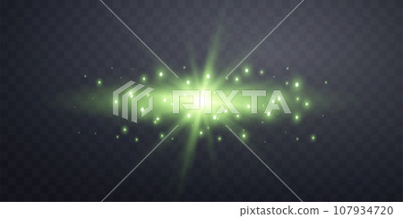 Green horizontal lensflare. Light flash with rays or green spotlight. Glow flare light effect. Vector illustration. Isolated on dark transparent background. Green horizontal lensflare. Light flash with rays or green spotlight. Glow flare light effect. Vector illustration. Isolated on dark transparent background. 107934720