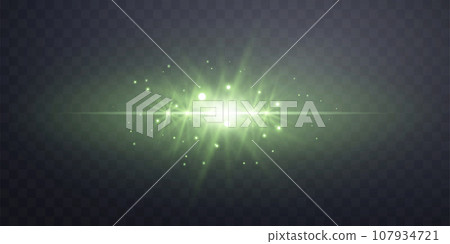 Green horizontal lensflare. Light flash with rays or green spotlight. Glow flare light effect. Vector illustration. Isolated on dark transparent background. Green horizontal lensflare. Light flash with rays or green spotlight. Glow flare light effect. Vector illustration. Isolated on dark transparent background. 107934721