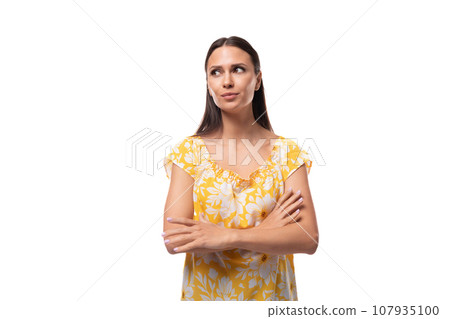 European woman with straight flowing black hair calm and carefree 107935100