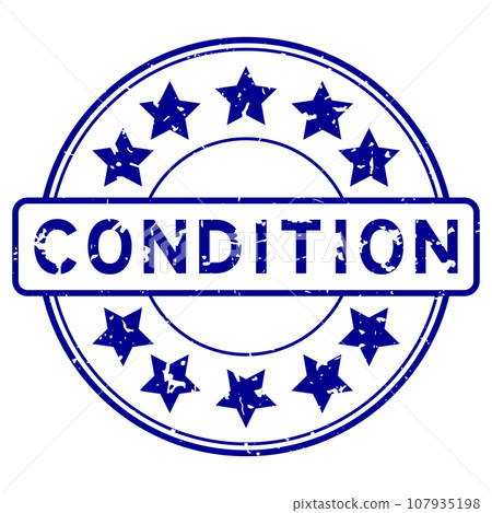 Grunge blue condition word with star icon round rubber seal stamp on white background 107935198
