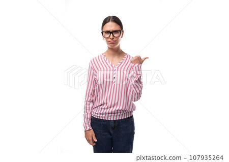 young successful woman with black hair wears a red and white striped blouse young successful woman with black hair wears a red and white striped blouse 107935264