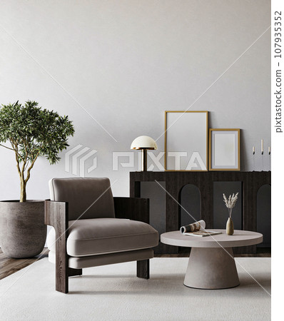 Modern gray livingroom with armchair, console and tree background. Dark luxury interior design. 3d rendering mock up. High quality 3d illustration 107935352