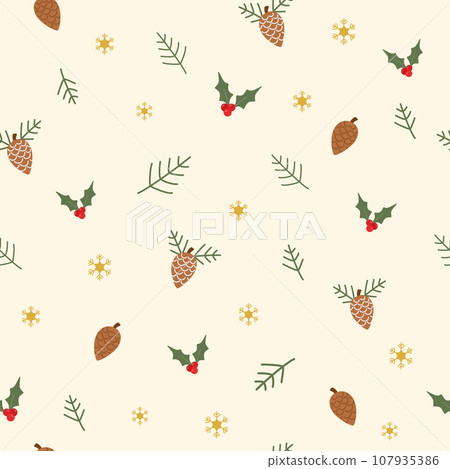 Christmas and winter themed seamless pattern, with pineapples, hollies and golden snowflakes on light yellow background 107935386