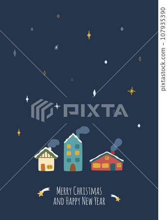 Christmas greeting card with winter themes, blue background and the text Merry Christmas and Happy New Year Christmas greeting card with winter themes, blue background and the text Merry Christmas and Happy New Year 107935390