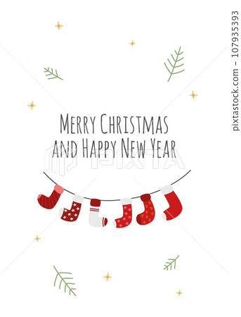 Christmas greeting card with a strip full of winter socks, white background and the text Merry Christmas and Happy New Year 107935393