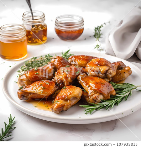 Chicken wings sweet sour sauce rosemary honey white platter table setting Chicken wings sweet sour sauce rosemary honey white platter table setting 107935813