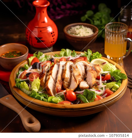 Chicken Caesar salad cherry tomatoes in a brown dish on a served table Chicken Caesar salad cherry tomatoes in a brown dish on a served table 107935814
