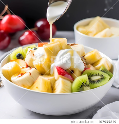 Healthy breakfast fruit salad kiwi bananas pineapple in white bowl on table Healthy breakfast fruit salad kiwi bananas pineapple in white bowl on table 107935819