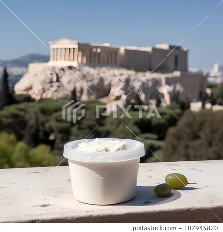 Greek yogurt in a transparent jar on the background of Greek ruins Greek yogurt in a transparent jar on the background of Greek ruins 107935820
