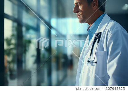 Portrait of mature male doctor in white medical coat with stethoscope around his neck. Middle-aged caucasian clinician against the background of medical facility. Experienced therapist in a hospital. Portrait of mature male doctor in white medical coat with stethoscope around his neck. Middle-aged caucasian clinician against the background of medical facility. Experienced therapist in a hospital. 107935825