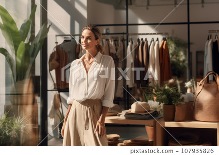 Portrait of beautiful woman against the background of racks with clothes in women's clothing store. Female owner or manager in fashionable boutique. Successful business in beauty and fashion industry. 107935826