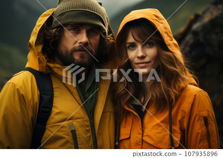 Portrait of cheerful young couple in the mountains against the backdrop of a tent camp. Happy family in bright outwear is engaged in mountain trekking. Active lifestyle, tourism and vacation concept. Portrait of cheerful young couple in the mountains against the backdrop of a tent camp. Happy family in bright outwear is engaged in mountain trekking. Active lifestyle, tourism and vacation concept. 107935896
