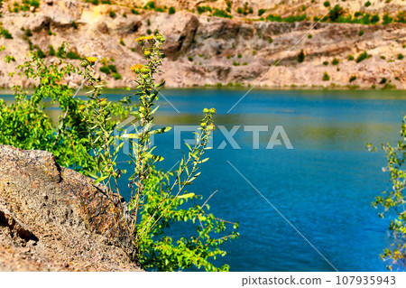 Old abandoned quarry lake filled with emerald water with radon 107935943