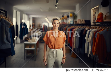 Portrait of beautiful young woman in a women's clothing and accessories store. Owner or manager with elegant short hairstyle greets customers. Successful small business in beauty and fashion industry. Portrait of beautiful young woman in a women's clothing and accessories store. Owner or manager with elegant short hairstyle greets customers. Successful small business in beauty and fashion industry. 107936036