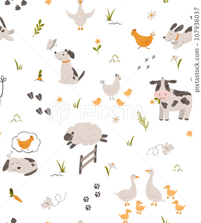 Cartoon Village map seamless pattern. Background of a farm with barn, windmill, funny animals, plants. Perfect for textile, fabric, paper, games, play mat. Hand drawn digital illustration Cartoon Village map seamless pattern. Background of a farm with barn, windmill, funny animals, plants. Perfect for textile, fabric, paper, games, play mat. Hand drawn digital illustration 107936037