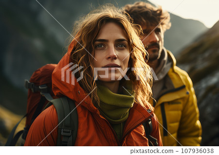 Portrait of cheerful young couple in the mountains against the backdrop of a tent camp. Happy family in bright outwear is engaged in mountain trekking. Active lifestyle, tourism and vacation concept. Portrait of cheerful young couple in the mountains against the backdrop of a tent camp. Happy family in bright outwear is engaged in mountain trekking. Active lifestyle, tourism and vacation concept. 107936038