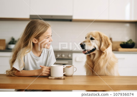 Beautiful little girl is posing with a golden retriever dog at the kitchen table. Cute baby and her pet preparing for breakfast at home. Happy smiling girl and puppy enjoy their time spent together. 107936074