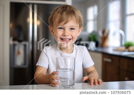 Cute little boy drinking water in the kitchen. Close-up portrait of cheerful smiling kid with a glass of pure water. Water purification concept. Kitchen water filters and clean water. Cute little boy drinking water in the kitchen. Close-up portrait of cheerful smiling kid with a glass of pure water. Water purification concept. Kitchen water filters and clean water. 107936075